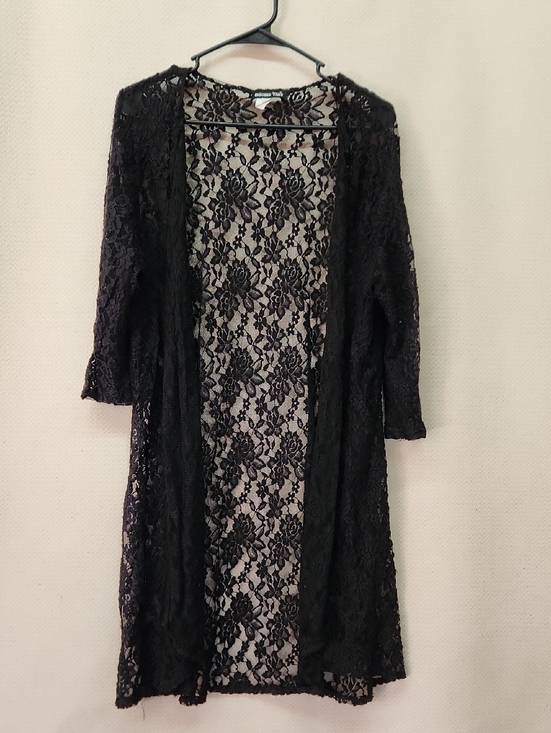 Double Take Sweaters - Lace Open-Front Cardigan - Black